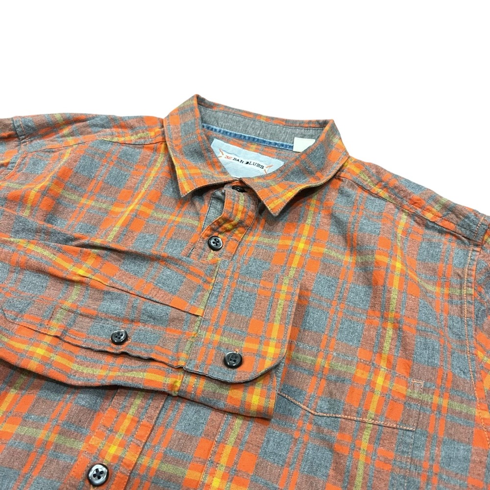 32 Bar Blues Mens Large Flannel Shirt Orange Grey Plaid Long Sleeve Button Down